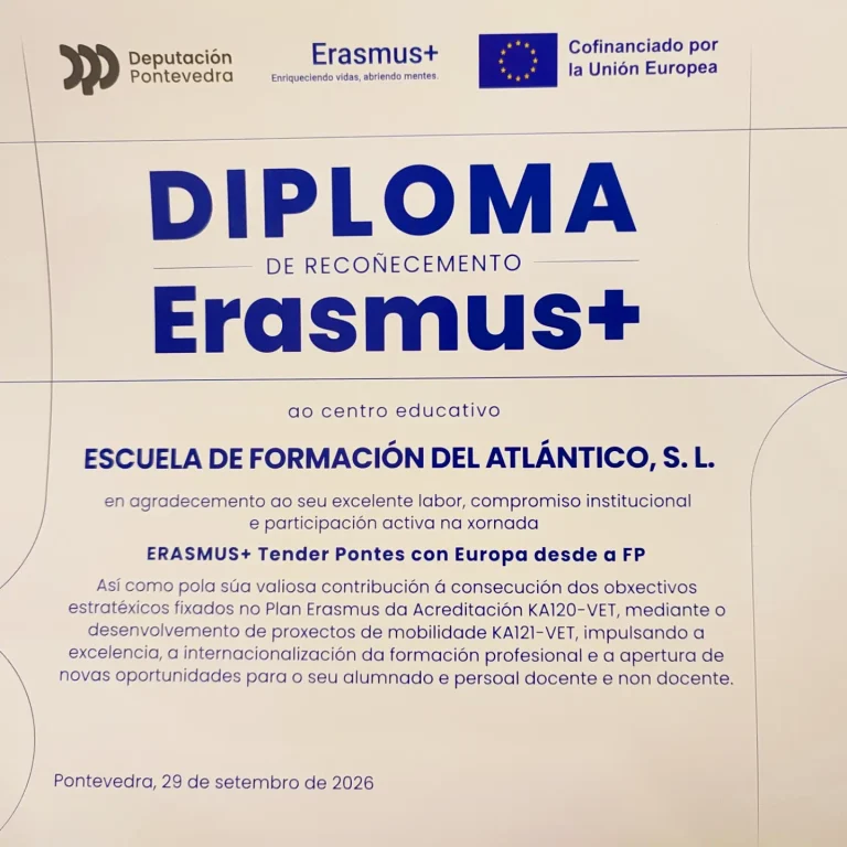 Diploma de Reconocimiento Erasmus+ de la Deputación de Pontevedra a la Escuela Técnica de Joyería del Atlántico
